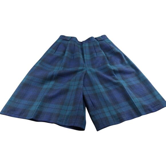 Vintage Giorgio Sant’Angelo Blue Tartan Plaid Merino Wool Pleated Shorts Size 10 - Picture 1 of 6